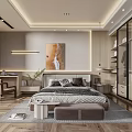 Modern Minimalist Bedroom Featuring Comfortable Bed Nightstand Plants Desk Chair And Beach Painting