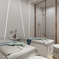 Modern Beauty Salon Interior With Blue Circular Logo White Reception Desk And Blue Decor