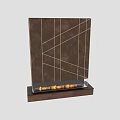 Modern Fireplace With Geometric Gold Lines On Brown Surface And Burning Flames At Bottom