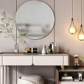 Modern Dressing Table With Round Mirror Hanging Lights Drawers And Green Plants