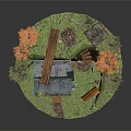 Miniature Natural Landscape With Log Cabin Orange Green Trees Wooden Bridge And Grass