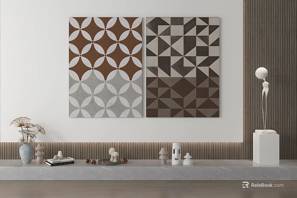Geometric Pattern Wall Art With Brown Gray Circular Triangular Designs And Interior Decor Items 3d model