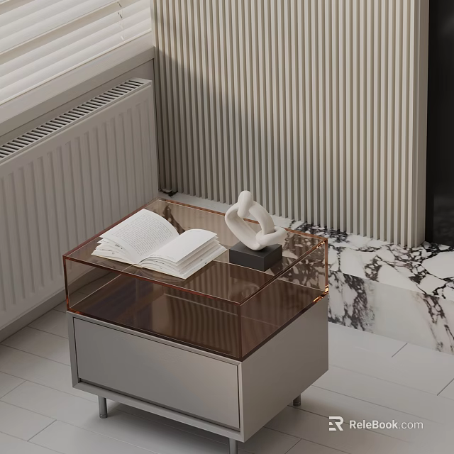 Transparent Brown Side Table with Open Book White Sculpture on Metal Base Gray Striped Wall 3d model 