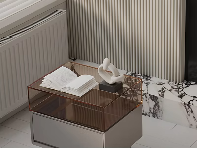 Transparent Brown Side Table with Open Book White Sculpture on Metal Base Gray Striped Wall 3d model
