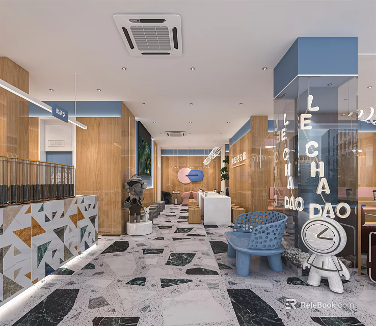 Modern Bubble Tea Shop Interior With Wooden Walls Marble Floor And Blue Seating 3d model 