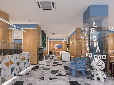 Modern Bubble Tea Shop Interior With Wooden Walls Marble Floor And Blue Seating 3d model
