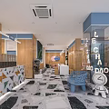 Modern Bubble Tea Shop Interior With Wooden Walls Marble Floor And Blue Seating