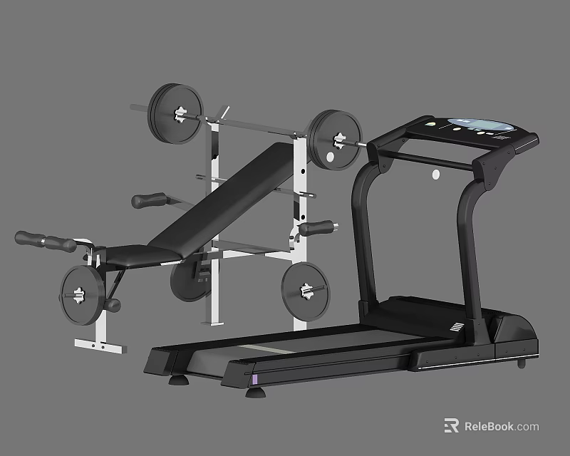 Modern Fitness Equipment Including Treadmill With Digital Display And Adjustable Bench Press With Weight Plates 3d model 