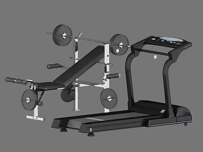 Modern Fitness Equipment Including Treadmill With Digital Display And Adjustable Bench Press With Weight Plates 3d model