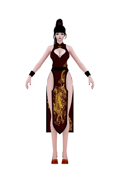 Woman Wearing Dark Brown Long Dress With Golden Dragon Pattern High Slit And Black Wristbands 3d model