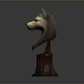 Realistic Wolf Head Sculpture Displayed On Tree Stump Base