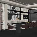 Modern Restaurant Interior Design With Round Table White And Brown Chairs Wine Cabinet Window Blinds