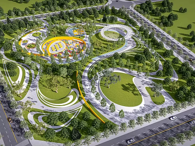 Modern Park Landscape Design With Winding Paths Green Spaces Circular Plazas And Trees 3d model