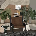 Modern Wooden Lounge Chair with Potted Green Plants Table Lamp and Vintage Radio