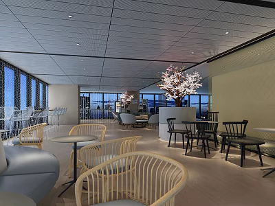 Modern Lounge Area Interior With Rattan Chairs Grey Sofa And City View Windows 3d model