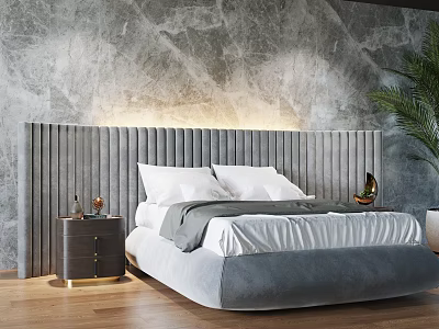 Double Bed With Striped Headboard Gray Bedding Gray Marble Wall Wooden Floor And Green Plant 3d model