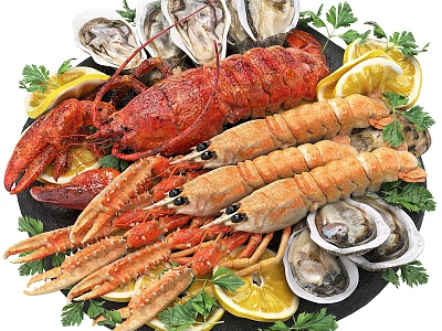Fresh Lobster Prawns And Oysters Served With Lemon Slices And Parsley 3d model