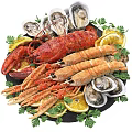 Fresh Lobster Prawns And Oysters Served With Lemon Slices And Parsley