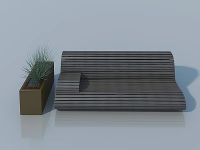 Outdoor Modern Wooden Swing Door With Striped Bench And Potted Plant 3d model