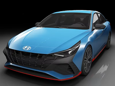 Blue Hyundai Sedan Front View With Sporty Grille Red Accents And Alloy Wheels 3d model