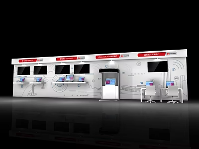 Interactive Event Display Wall Featuring Multiple Screens And Information Terminals In Exhibition Setup 3d model