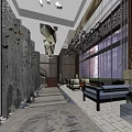 Modern Store Front Desk Design With Elegant Chandeliers Comfortable Sofas And Decorative Wall