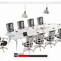 Modern White Conference Table With Wheeled Office Chairs Hanging Lights And Office Supplies