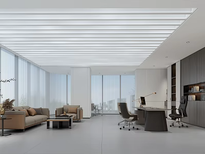 Modern Office Interior Design With Open Layout Large Windows Sofa Desk Chairs And Bookshelf 3d model