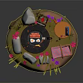 Cozy Outdoor Picnic Setup With Campfire Picnic Basket Wooden Chair Flowers And Stones