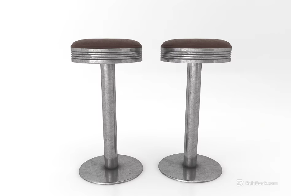 Two Modern Bar Stools With Brown Seats And Silver Metal Legs Design 3d model