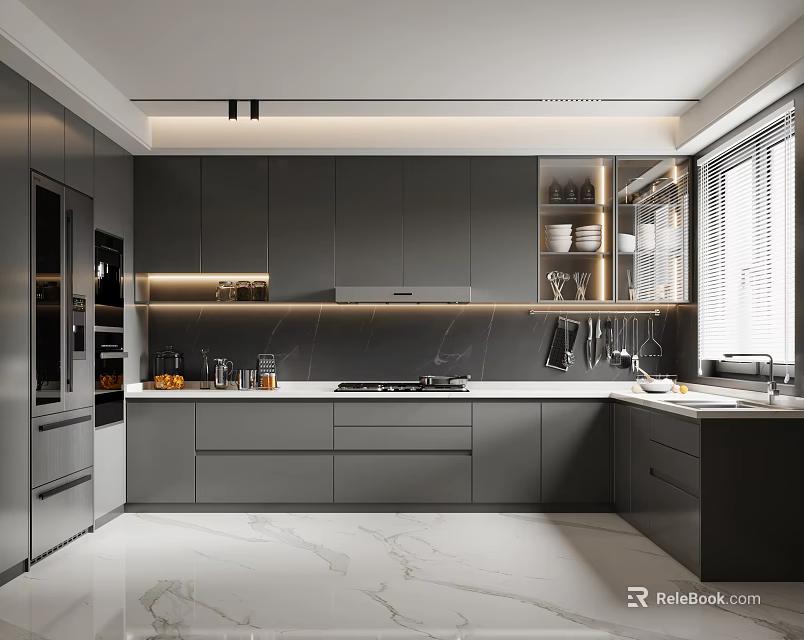 Modern Kitchen Interior With Dark Gray Cabinets Marble Countertops And Built-in Appliances 3d model 