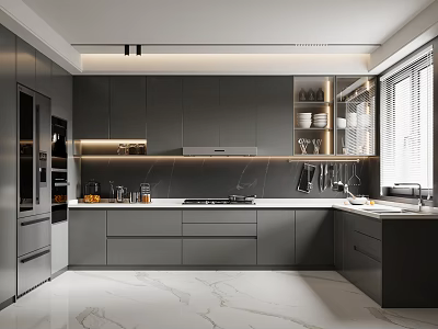 Modern Kitchen Interior With Dark Gray Cabinets Marble Countertops And Built-in Appliances 3d model