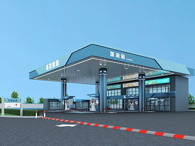 Modern Gas Station Exterior With Blue Canopy Fuel Pumps And Convenience Store 3d model