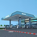 Modern Gas Station Exterior With Blue Canopy Fuel Pumps And Convenience Store