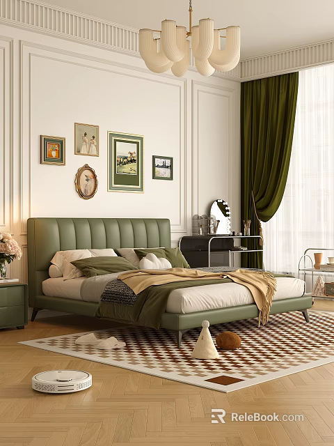 Bedroom Interior With Green Upholstered Headboard Framed Artworks Beige Bedding Green Curtains And Checkered Rug 3d model 