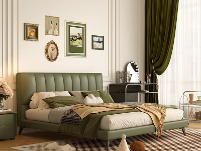 Bedroom Interior With Green Upholstered Headboard Framed Artworks Beige Bedding Green Curtains And Checkered Rug 3d model