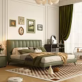 Bedroom Interior With Green Upholstered Headboard Framed Artworks Beige Bedding Green Curtains And Checkered Rug
