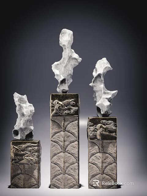 Chinese Decorative Pillars With Carved Dragon Pine Tree Bases And Irregular Stone Tops 3d model 