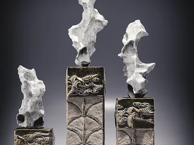Chinese Decorative Pillars With Carved Dragon Pine Tree Bases And Irregular Stone Tops 3d model