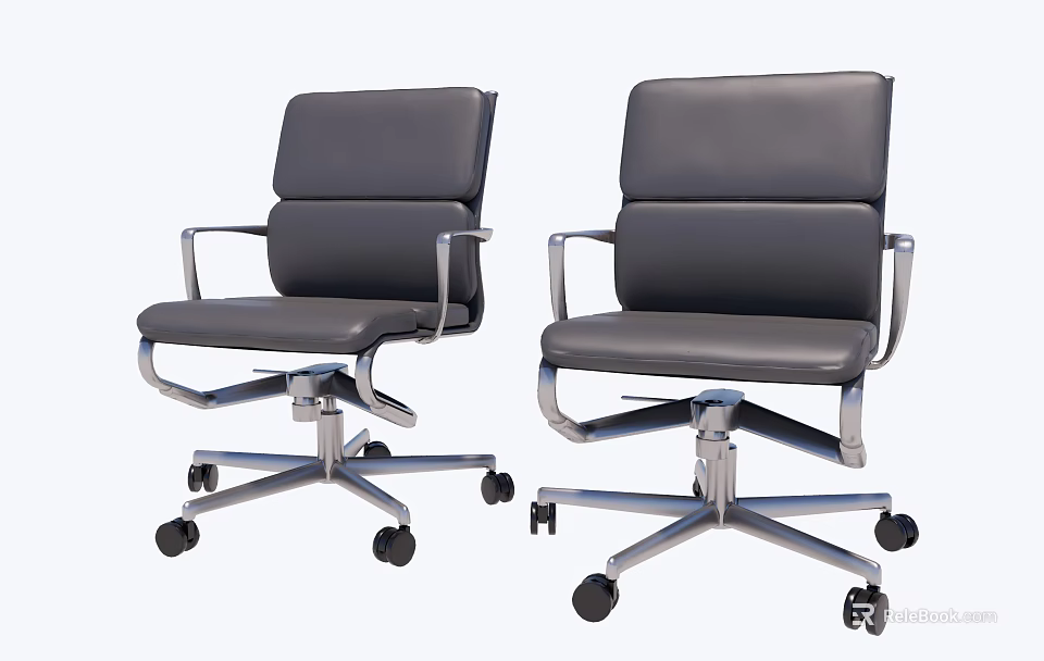 Black Leather Office Chairs With Modern Metal Frame And Wheeled Base 3d model 