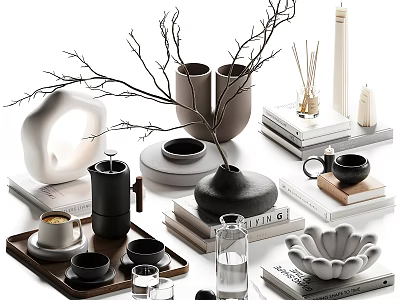 Modern Decorative Ornament Set With Vase Candle Tray Books Branch And Lotus Ornament 3d model