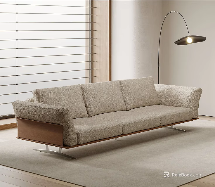 Modern Multi Seater Sofa Featuring Light Beige Textured Fabric Wooden Frame And Floor Lamp 3d model 