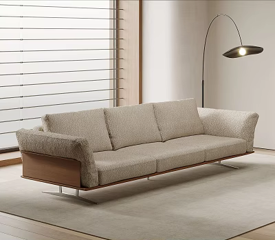 Modern Multi Seater Sofa Featuring Light Beige Textured Fabric Wooden Frame And Floor Lamp 3d model
