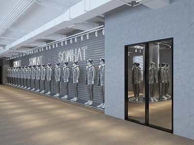 SOWHAT Clothing Store Interior Display With Mannequins In Uniform Outfits Brick Wall And Glass Door 3d model