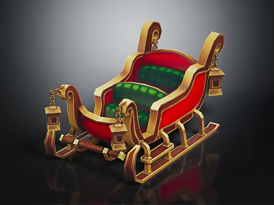 Decorative Playground Sleigh Equipment With Red Gold Frame Green Cushions And Lantern Decorations 3d model