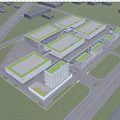Modern Industrial Factory Complex With Multiple Buildings Green Roofs And Trees
