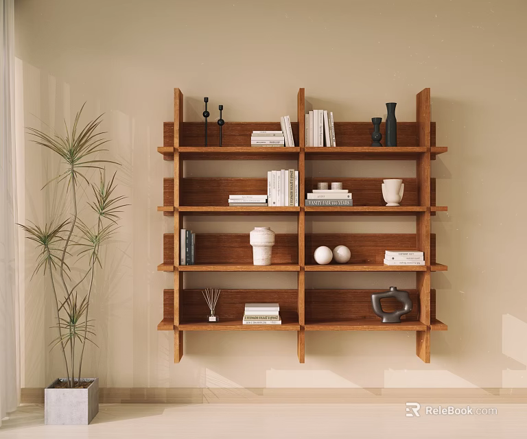 Modern Wall Mounted Wooden Bookshelf With Books Decorative Items And Plant On Beige Wall Interior 3d model 