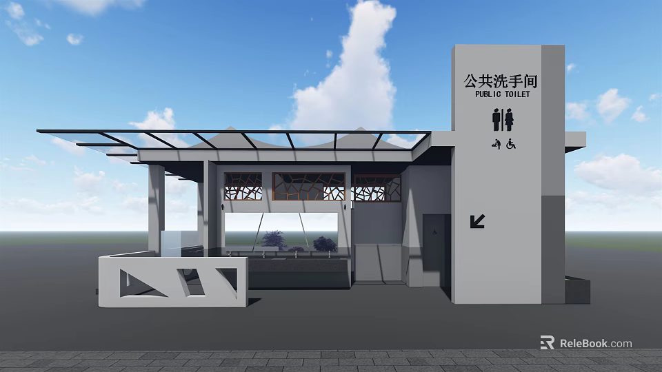 Public Restroom Modern Exterior Design With Canopy Structure Entrance Signage And Clean Lines 3d model 