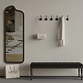 Modern Entryway With Arched Mirror Coat Hooks Leather Bench And Hanging Bag