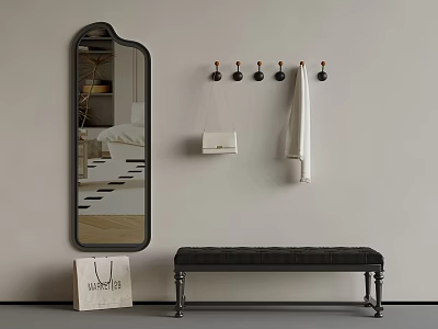 Modern Entryway With Arched Mirror Coat Hooks Leather Bench And Hanging Bag 3d model